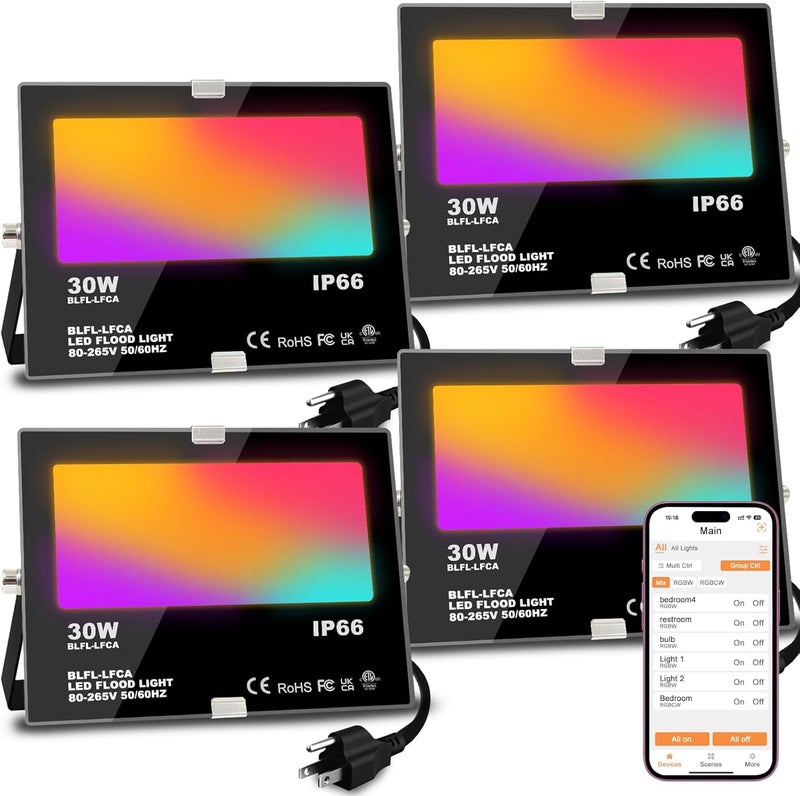 MELPO LED Flood Light Outdoor 30W, 300W Equivalent 3000LM Smart RGB Landscape Lighting with APP Control, DIY Scenes -Timing - Warm White 2700K -Color Changing Uplight, IP66, US Plug, No Remote (4 Pack) - Image 1